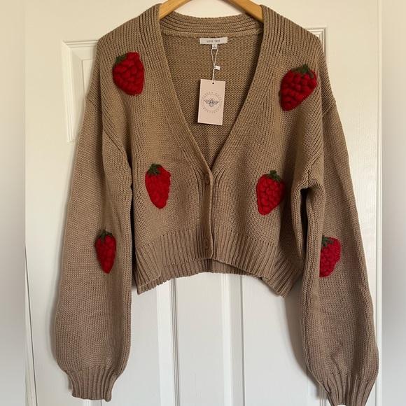 Love Tree Sweaters - Strawberry Embroidered Oversized Tan Sweater NWT